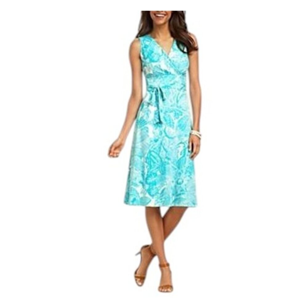 Talbots Faux Wrap Sleeveless Turquoise Jersey Midi Dress w Tie Belt Size M